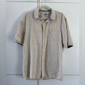 Simons Light Beige 100% Linen Casual Button Down Shirt Short Sleeves Minimalist